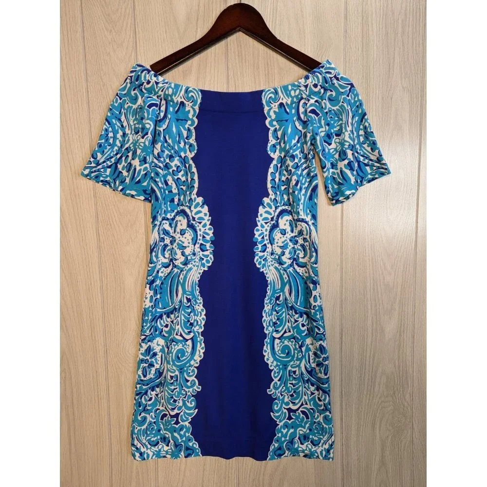 Lily Pulitzer Dress Shift Engineered print Sea Blue Size XXS Off the Shoulder - Picture 1 of 5